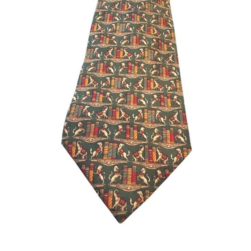 Salvatore Ferragamo 100% Silk Mens Green Library Preppy Classy Tie Made in Italy